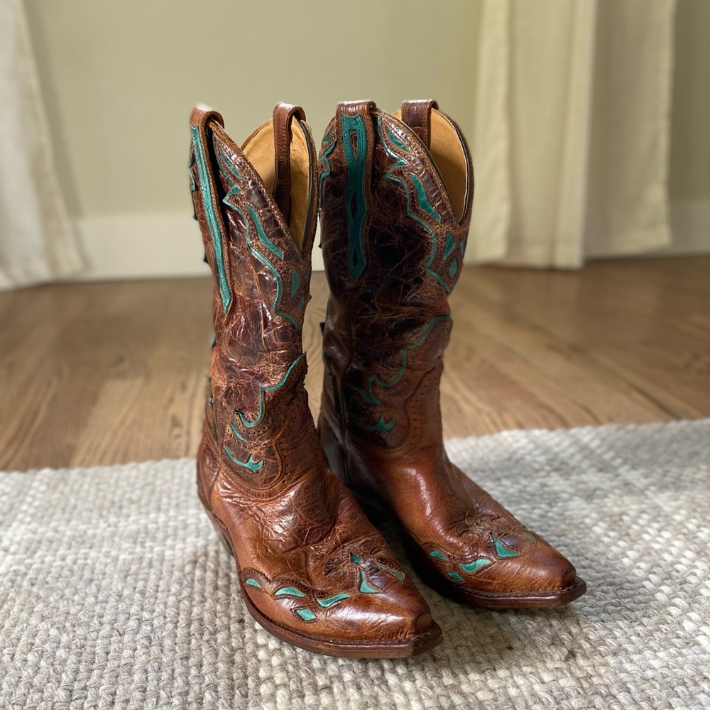 Boulet leather western boots style 4622 brown and aqua